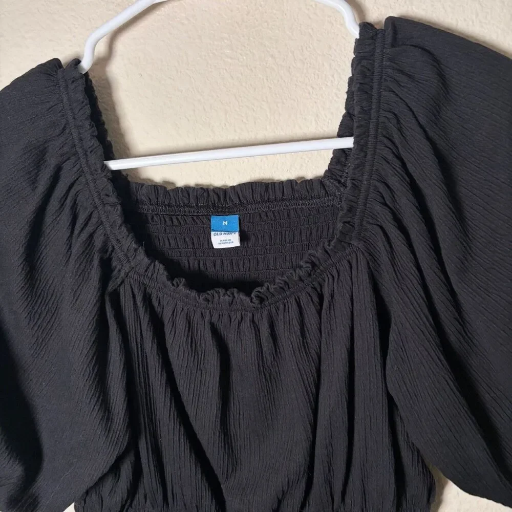 Old Navy Blouse Women's Medium Black Puff Sleeve Round Neck Smocked Top Shirt
